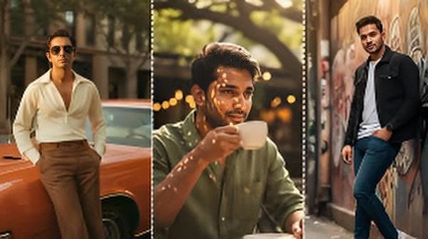 Aesthetic AI-generated portrait concepts for boys using Google Gemini, featuring cinematic lighting, street-style fashion, and ultra-realistic visual effects.