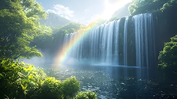 A breathtaking view of the Rainbow Waterfall glowing with vibrant, natural colours.