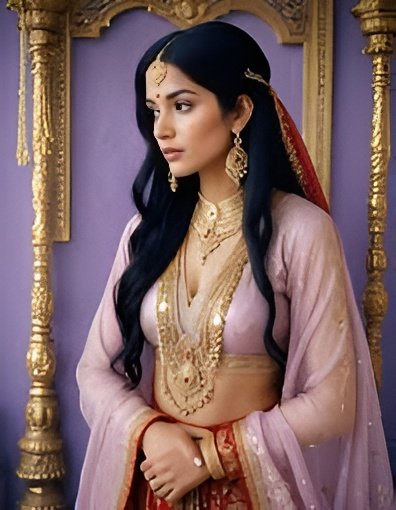 Indian girl in vibrant saree and jewelry, AI-generated 4K HD portrait showcasing traditional and modern beauty.