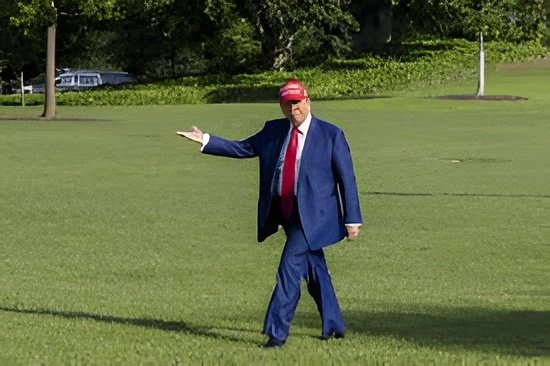 President Trump presents a rendering of the new “Trump-class” battleships at Mar-a-Lago, Florida, featuring advanced weaponry and AI systems.