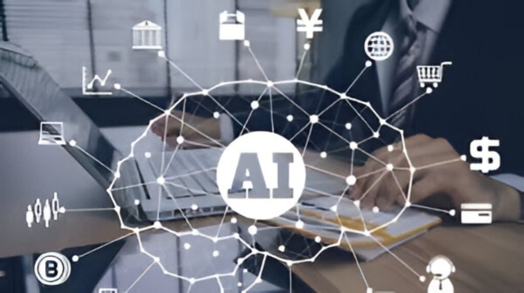 An AI-themed illustration representing how technology seamlessly integrated into everyday life in 2025.