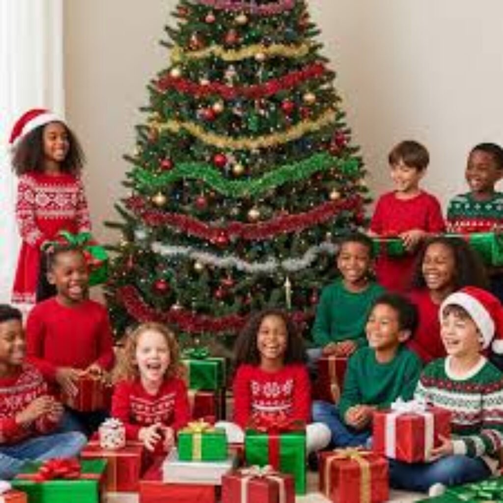 Family sharing Christmas Eve joy with lights, carols, and festive treats.