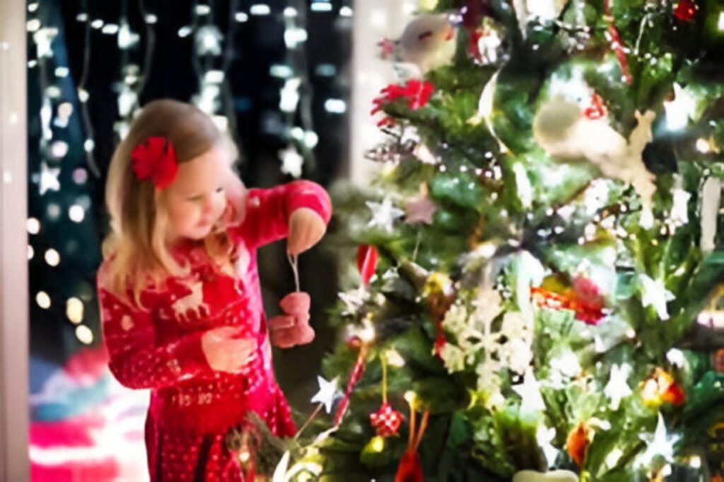 Christmas decorations glowing with lights and ornaments, symbolizing joy, love, and the spirit of giving during the festive season.