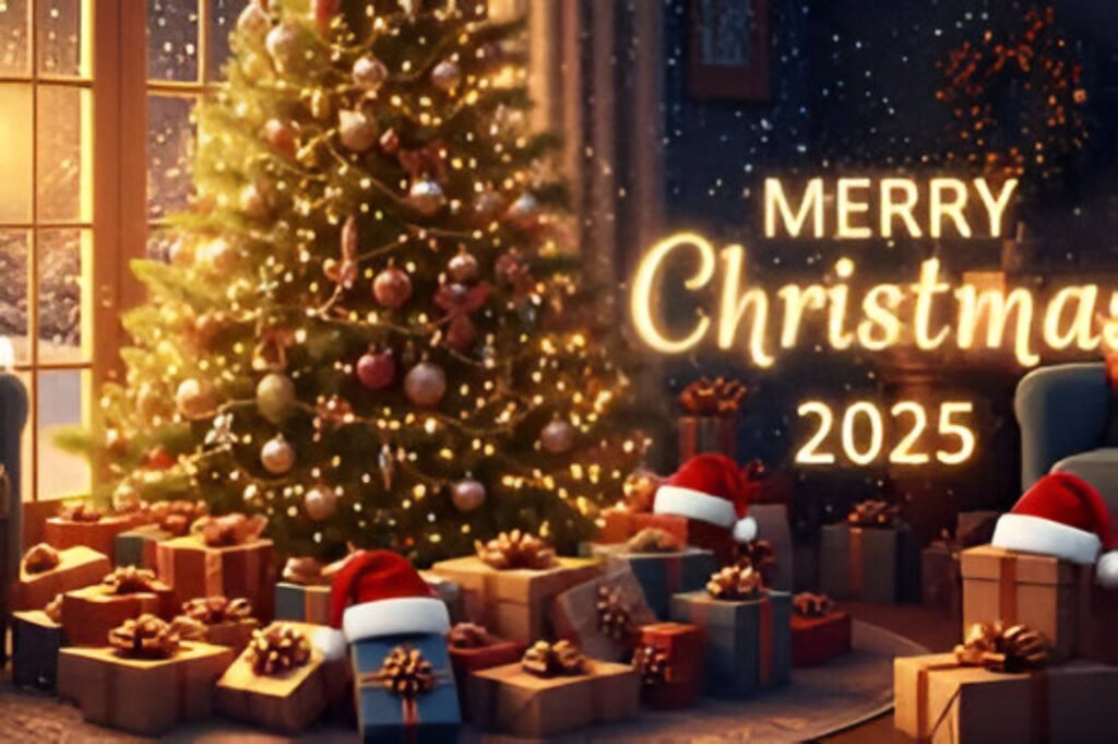 Festive Christmas decorations with lights, ornaments, and gifts, capturing the joy, warmth, and togetherness of Christmas 2025.