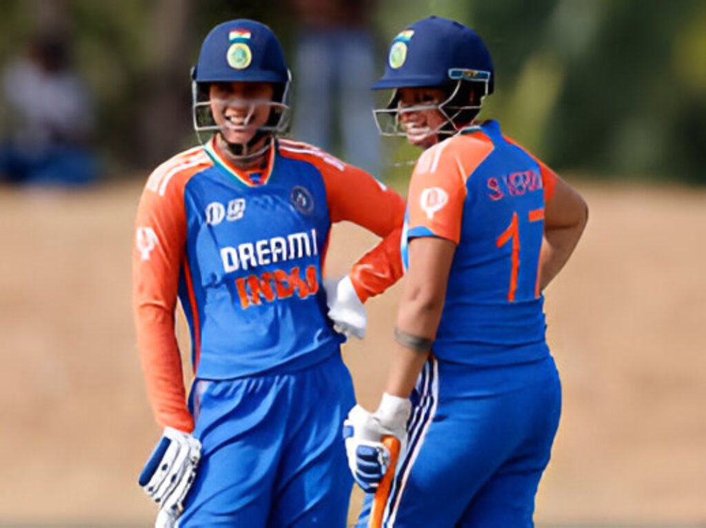 Smriti Mandhana and Shafali Verma celebrate their record partnership during India’s dominant win over Sri Lanka in the 4th women’s T20I.
