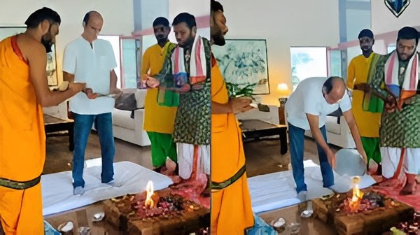 Akshaye Khanna during a traditional Vastu Shanti hawan at his Alibaug residence amid the success of Dhurandhar.