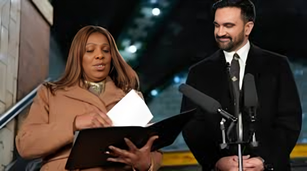 Zohran Mamdani taking oath as NYC Mayor at historic City Hall subway station with wife Rama Duwaji and NY Attorney General Letitia James.