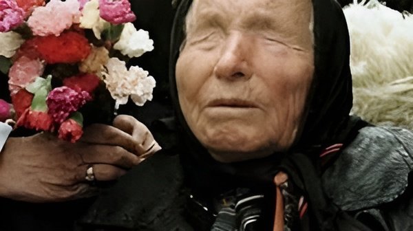 Statue and archival image of Baba Vanga, the Bulgarian mystic often called the “Nostradamus of the Balkans.”