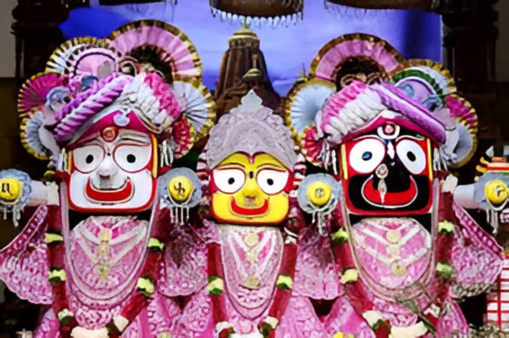 Lord Jagannath with siblings Balabhadra and Subhadra during the grand Rath Yatra at Puri Jagannath Temple, Odisha.