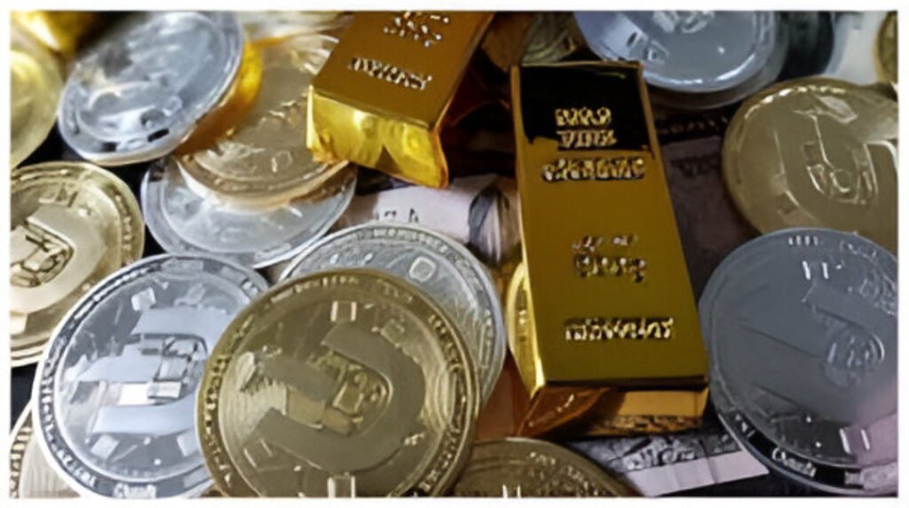 Gold and silver coins with market charts reflecting price trends amid geopolitical tensions.