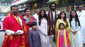 Mohan Babu and Manchu Vishnu with family at Tirumala Venkateswara Temple during Sankranti VIP darshan.