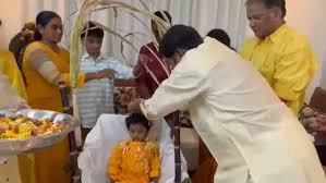 Rajendra Prasad celebrating Sankranthi and Bhogi festivities with his grandson Trilok at his residence.