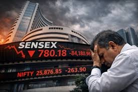 Traders on Dalal Street react as Sensex plunges, marking a three-month low amid global market volatility.