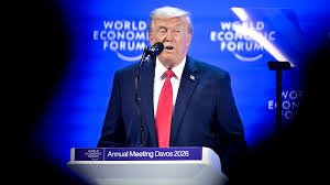 US President Donald Trump speaking at the World Economic Forum in Davos after announcing a shift on Greenland-linked tariff plans.