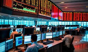 Traders monitor stock market movements as Sensex and Nifty retreat from intraday highs during volatile trade.