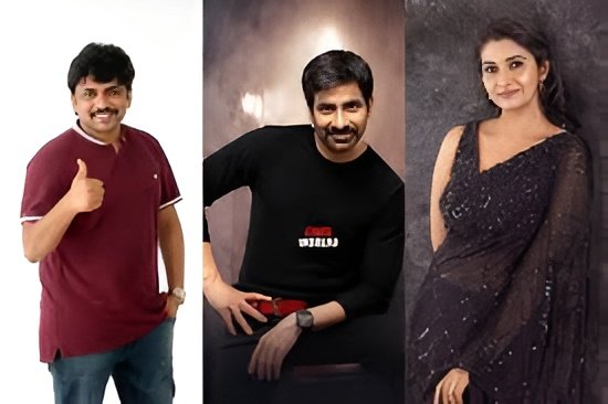 Ravi Teja appears in a divine Ayyappa-inspired look from Irumudi, carrying his daughter and surrounded by devotees.