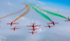 Suryakiran Aerobatic Team lights up the Hyderabad sky with breathtaking formations during the Wings India 2026 air show.