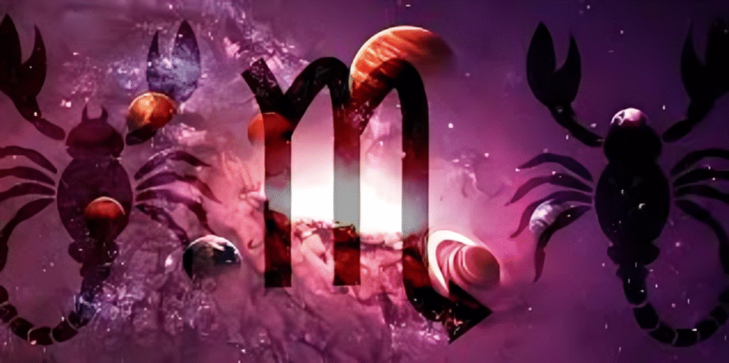 Scorpio embracing balance between inner wisdom and purposeful action under cosmic guidance.