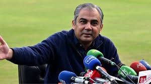PCB Chairman Mohsin Naqvi at a press event; Pakistan’s World Cup participation remains in flux amid political and cricketing debates.