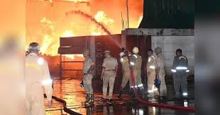 Firefighters douse flames at a car mechanic shop in Hyderabad’s Vijayanagar Colony, controlling the blaze within three hours.