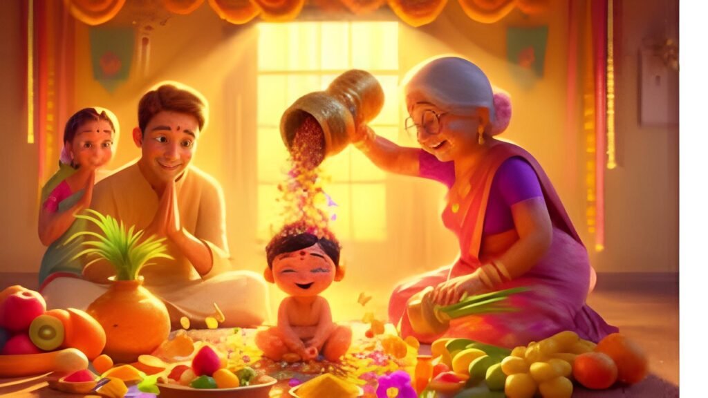 Children being showered with Bhogipandlu during Bhogi celebrations as elders bless them with fruits, flowers, and coins.