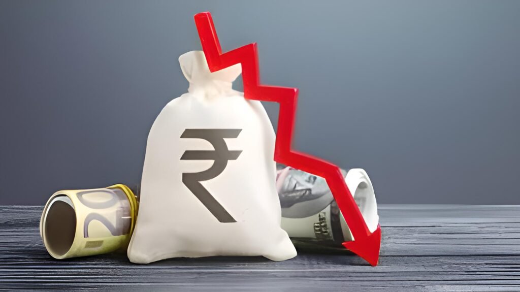 The Indian rupee weakens against the US dollar amid strong dollar demand and continued foreign fund outflows.