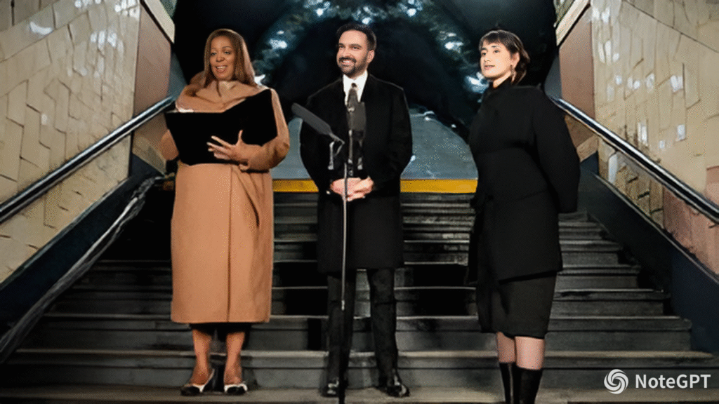Zohran Mamdani takes oath at historic City Hall subway station with wife Rama Duwaji holding the Quran.