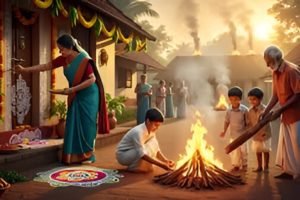 Families enjoying Bhogi bonfire celebrations, colorful rangoli, and traditional foods marking the start of Pongal 2026.