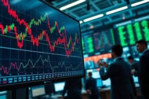 Stock traders monitor market movements as the Nifty rebounds amid high volatility and strong bank stock performance.